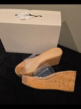 Copper Key Clear Sea Side Strap Cork Wedge Sandals - Nude Cork
